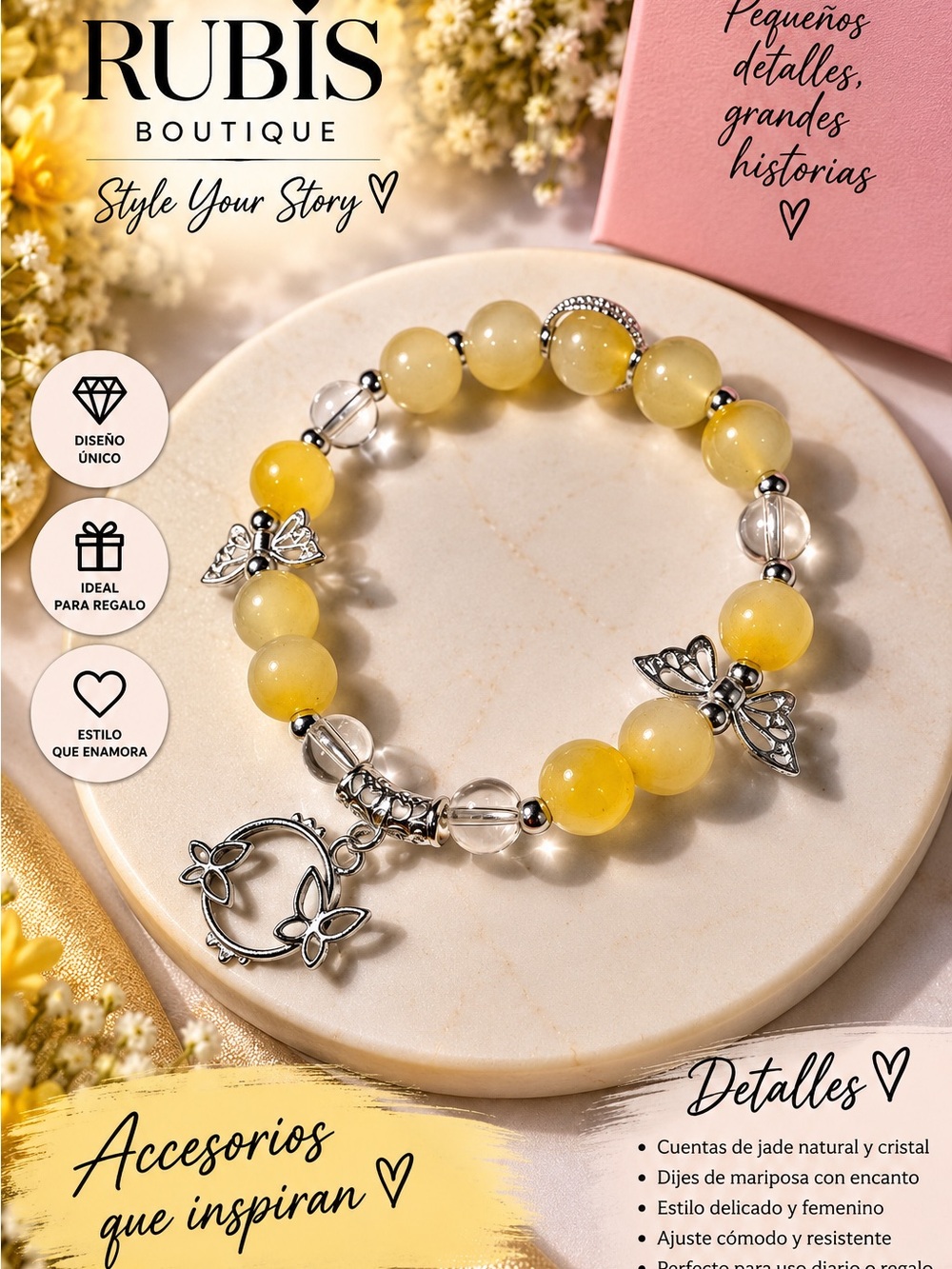 Yellow Jade & Crystal Butterfly Charm Bracelet